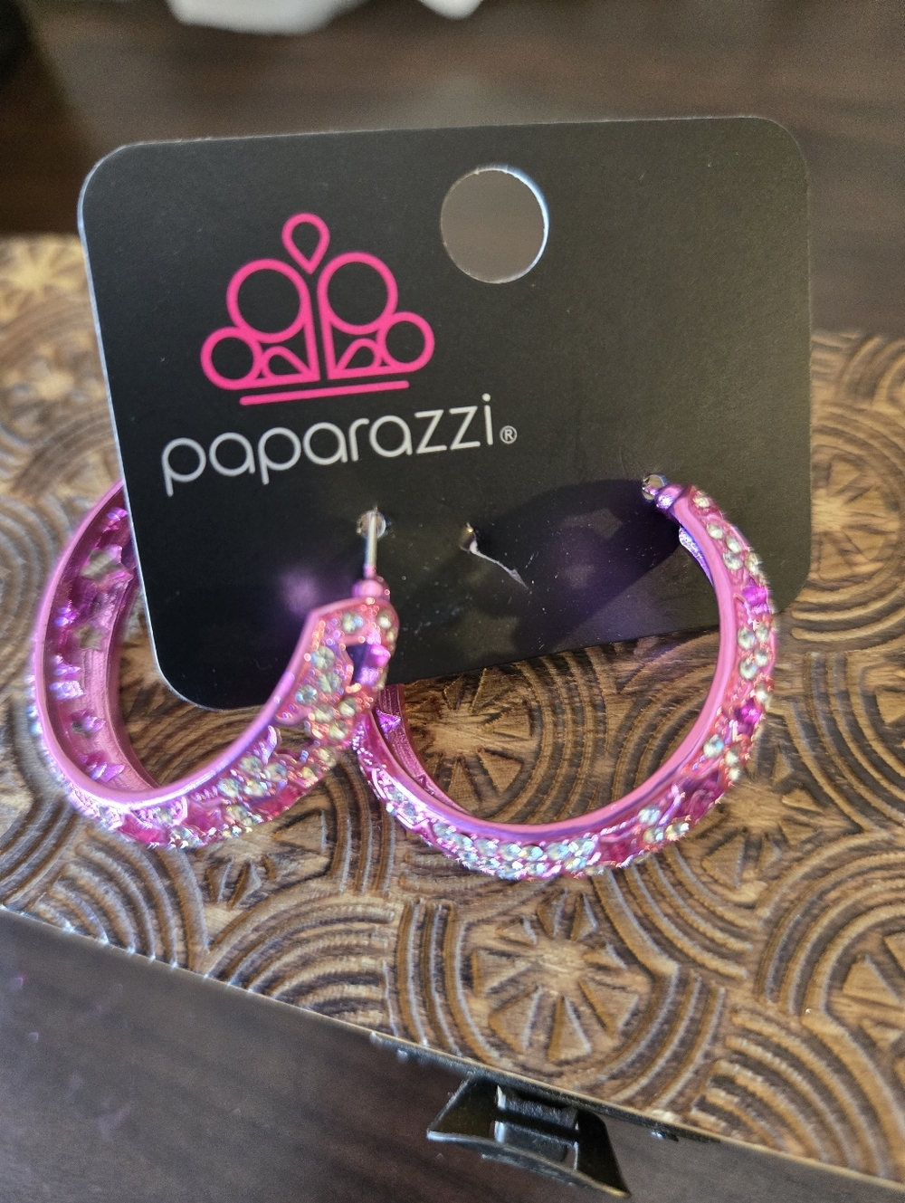 Paparazzi Vibrant Pink Crystal Hoops - Picture 2 of 2